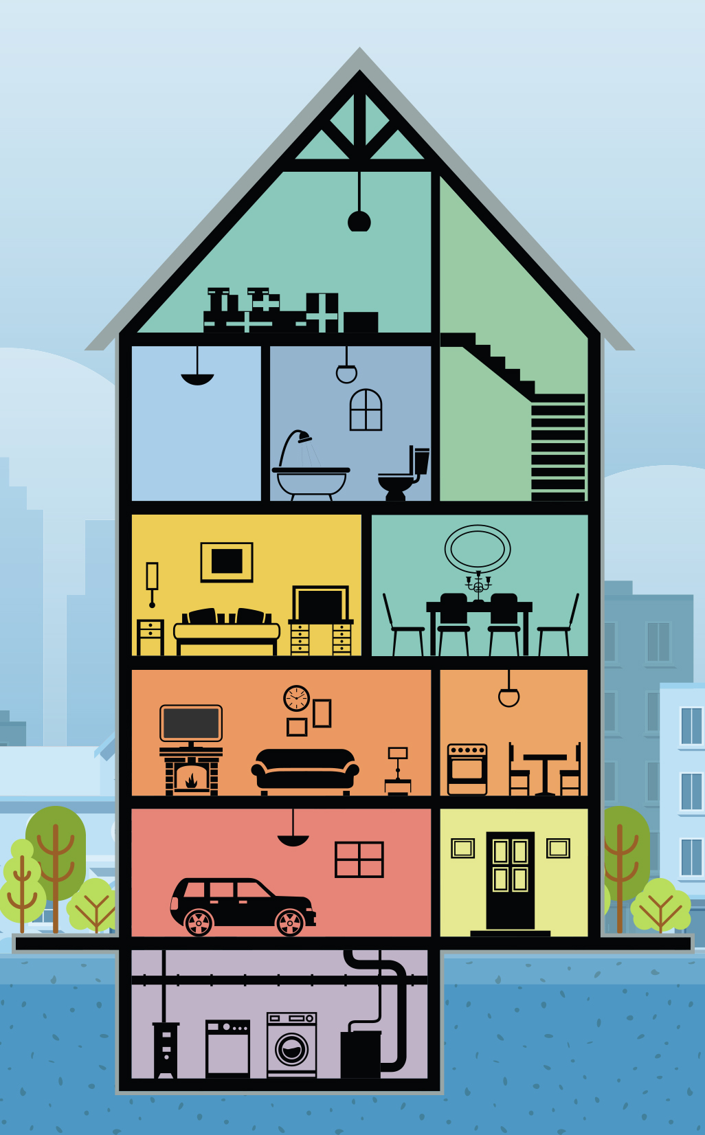 image showing areas of a house floorplan with clickpoints that show additional info for each area