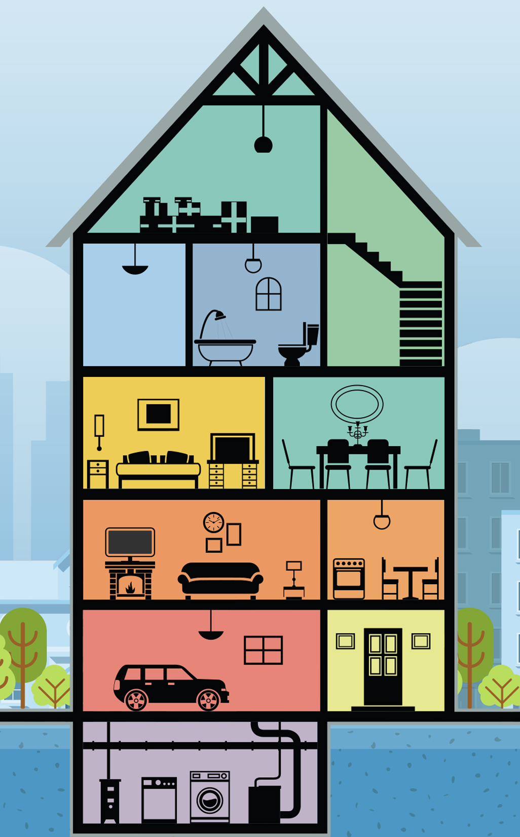 image showing areas of a house floorplan with clickpoints that show additional info for each area